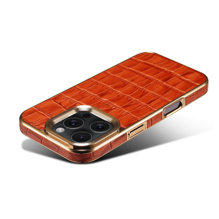 For iPhone 16 Pro Max Denior Crocodile Texture Genuine Leather Electroplating Phone Case
