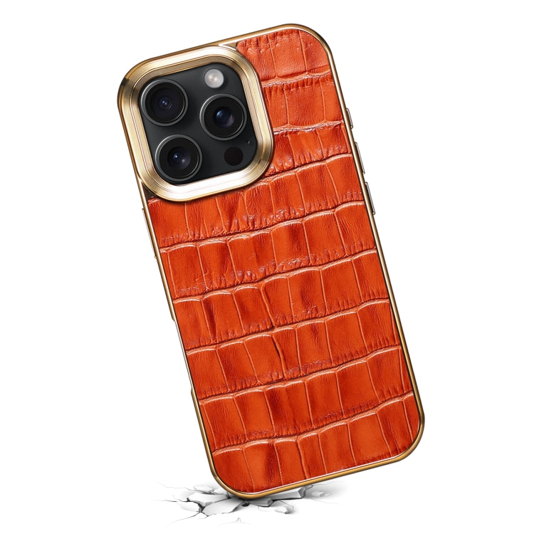 For iPhone 16 Pro Max Denior Crocodile Texture Genuine Leather Electroplating Phone Case