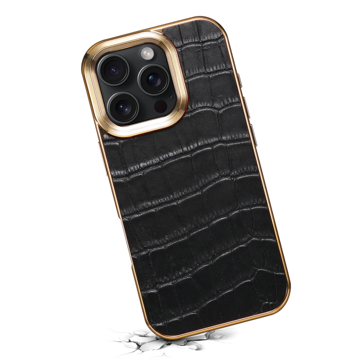 For iPhone 16 Pro Max Denior Crocodile Texture Genuine Leather Electroplating Phone Case