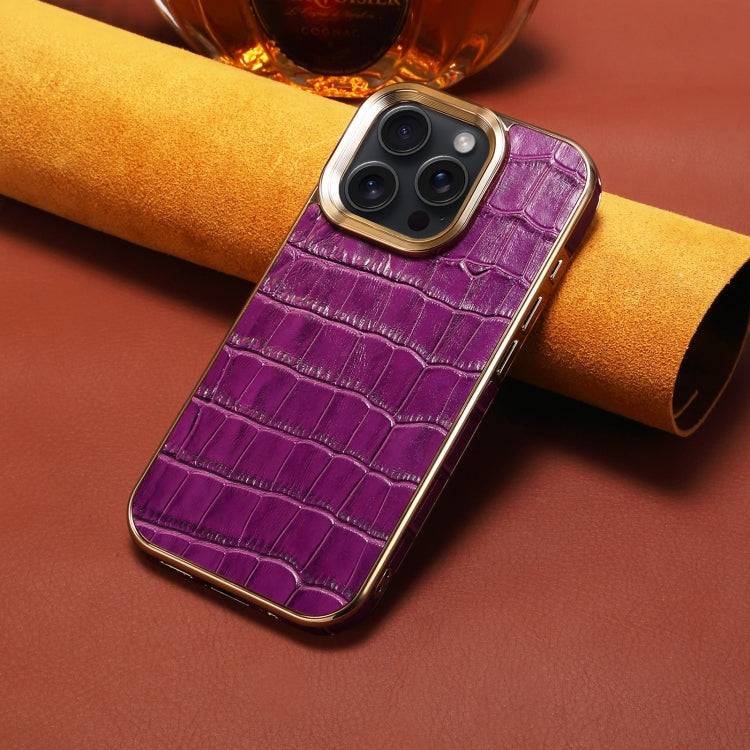 For iPhone 16 Pro Denior Crocodile Texture Genuine Leather Electroplating Phone Case