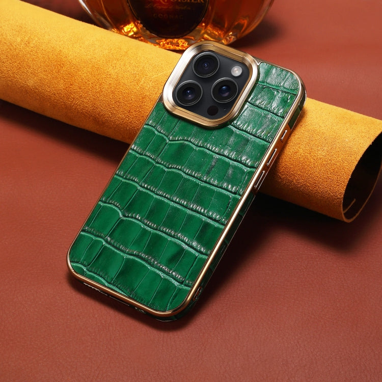 For iPhone 16 Pro Denior Crocodile Texture Genuine Leather Electroplating Phone Case