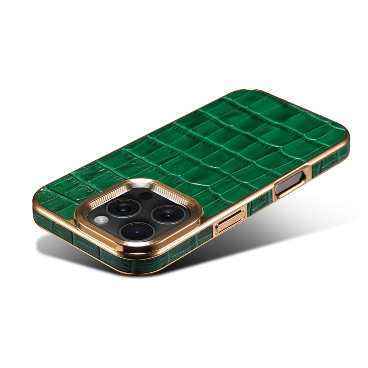 For iPhone 16 Pro Denior Crocodile Texture Genuine Leather Electroplating Phone Case
