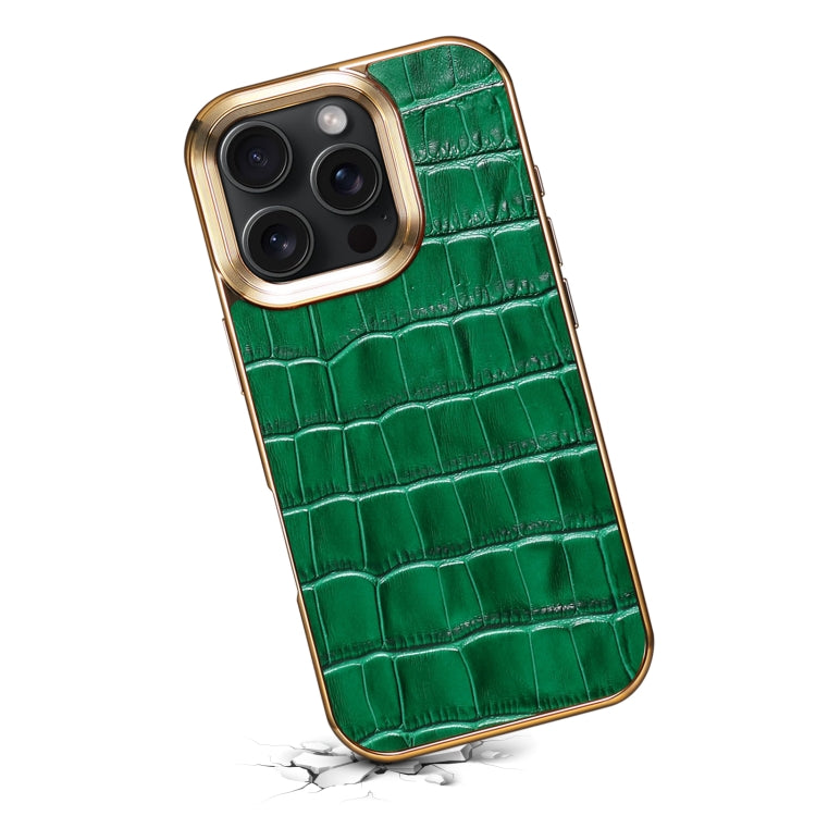 For iPhone 16 Pro Denior Crocodile Texture Genuine Leather Electroplating Phone Case