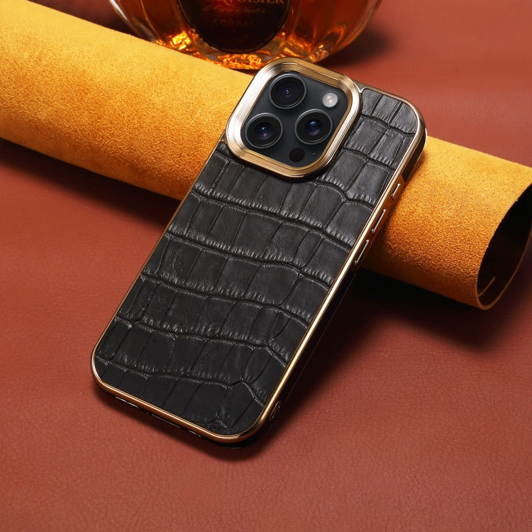 For iPhone 16 Pro Denior Crocodile Texture Genuine Leather Electroplating Phone Case