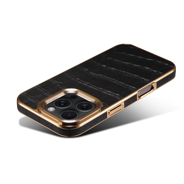 For iPhone 16 Pro Denior Crocodile Texture Genuine Leather Electroplating Phone Case