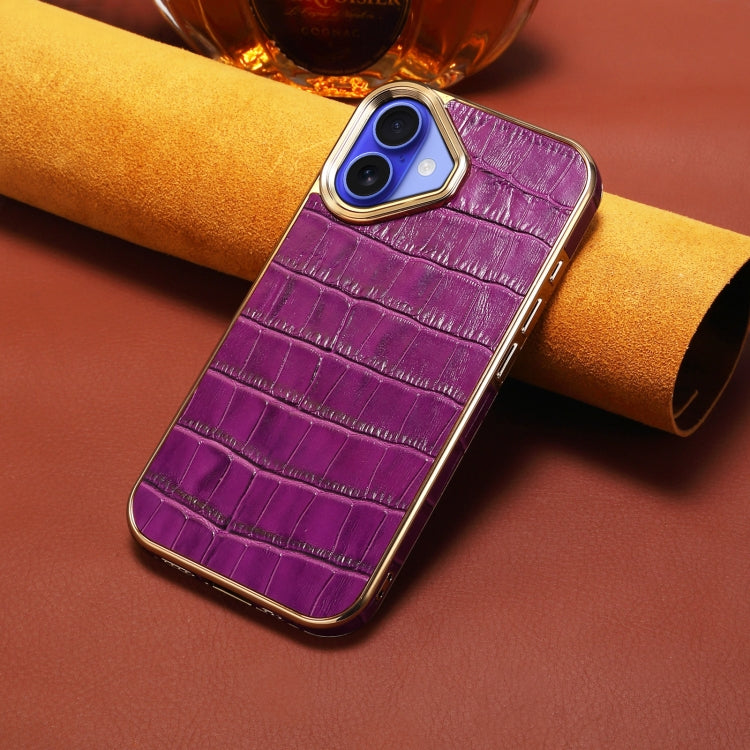 For iPhone 16 Plus Denior Crocodile Texture Genuine Leather Electroplating Phone Case