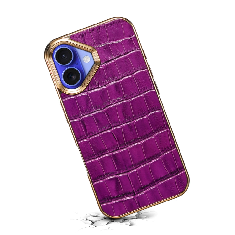 For iPhone 16 Plus Denior Crocodile Texture Genuine Leather Electroplating Phone Case