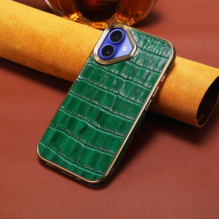 For iPhone 16 Plus Denior Crocodile Texture Genuine Leather Electroplating Phone Case