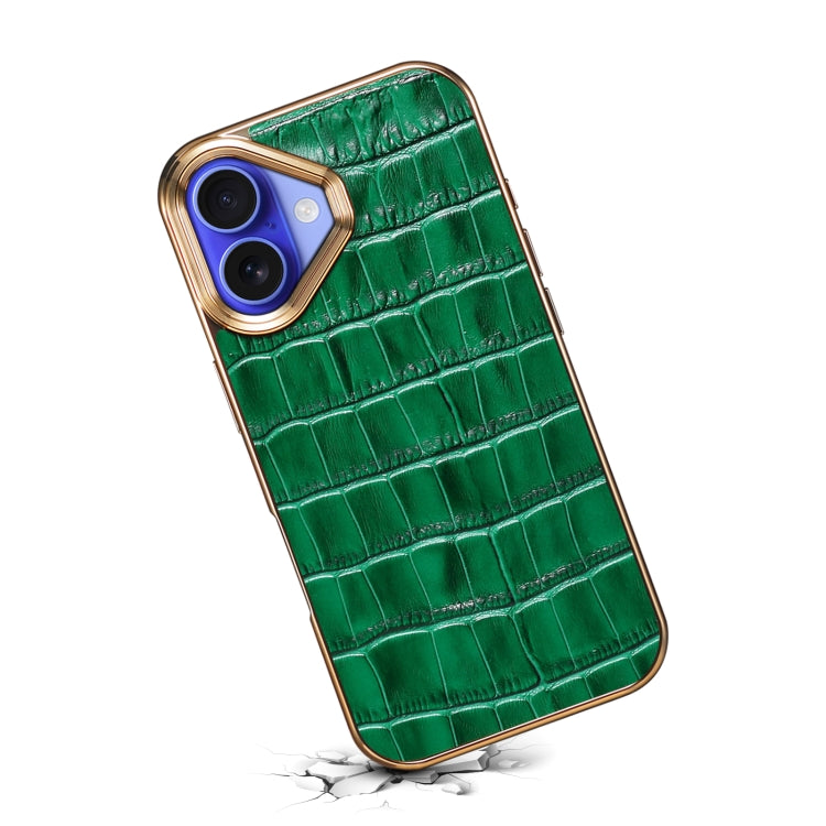 For iPhone 16 Plus Denior Crocodile Texture Genuine Leather Electroplating Phone Case