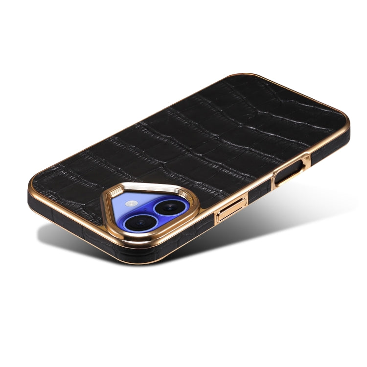 For iPhone 16 Plus Denior Crocodile Texture Genuine Leather Electroplating Phone Case