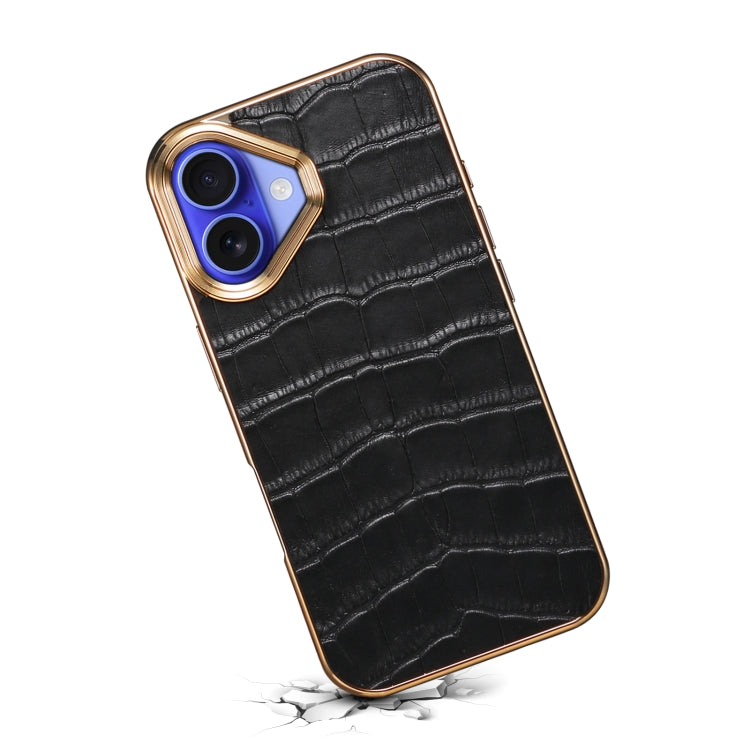 For iPhone 16 Plus Denior Crocodile Texture Genuine Leather Electroplating Phone Case