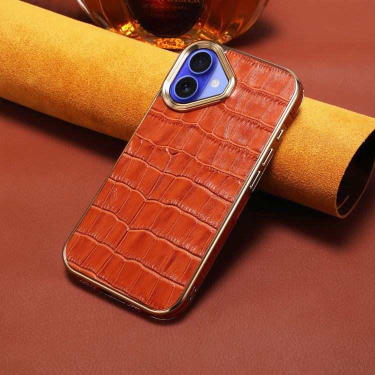 For iPhone 16 Denior Crocodile Texture Genuine Leather Electroplating Phone Case