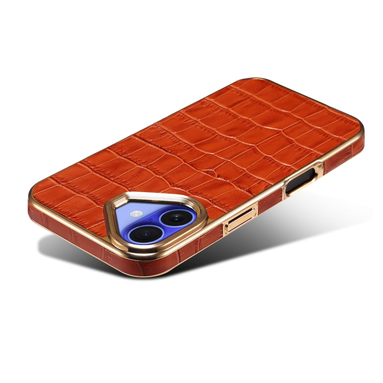 For iPhone 16 Denior Crocodile Texture Genuine Leather Electroplating Phone Case
