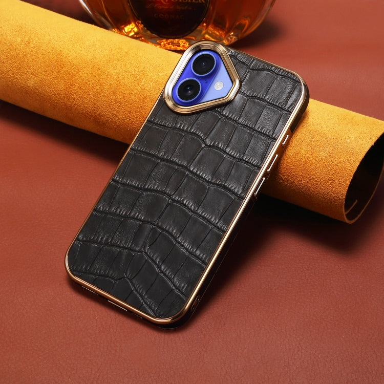 For iPhone 16 Denior Crocodile Texture Genuine Leather Electroplating Phone Case