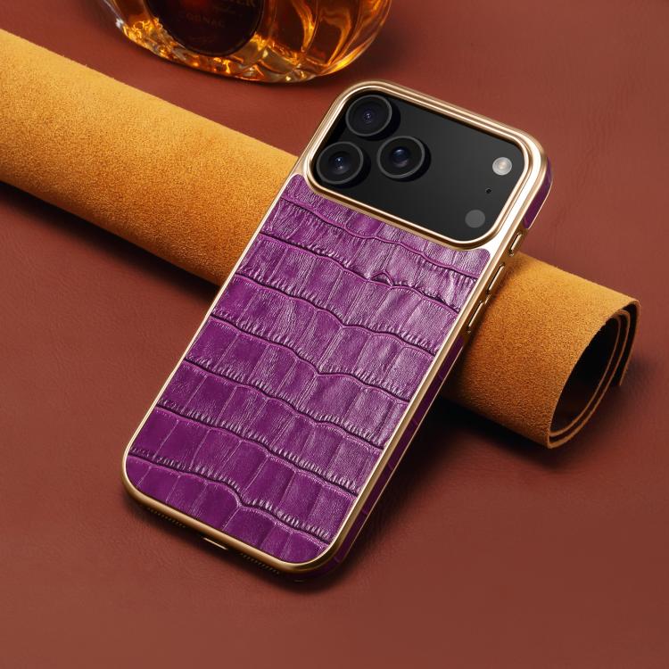 For iPhone 17 Pro Max Denior Crocodile Texture Genuine Leather Electroplating Phone Case