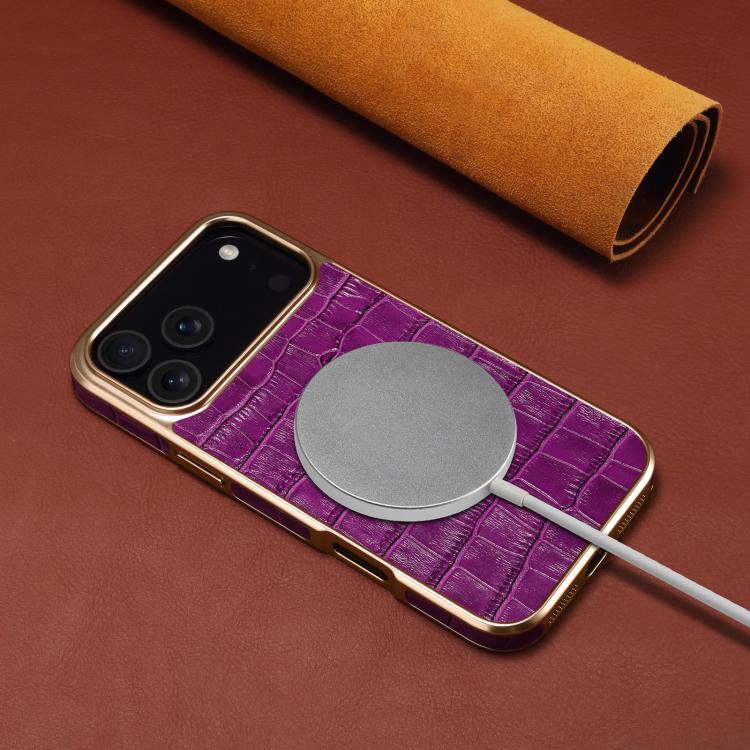 For iPhone 17 Pro Max Denior Crocodile Texture Genuine Leather Electroplating Phone Case