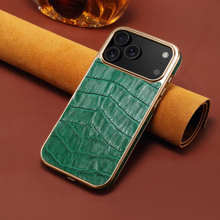For iPhone 17 Pro Max Denior Crocodile Texture Genuine Leather Electroplating Phone Case
