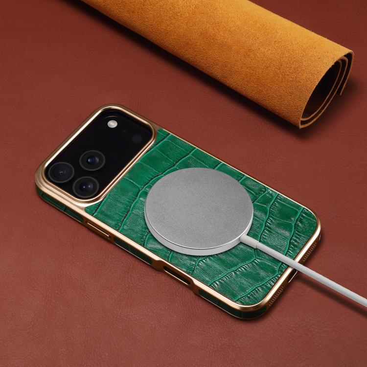 For iPhone 17 Pro Max Denior Crocodile Texture Genuine Leather Electroplating Phone Case
