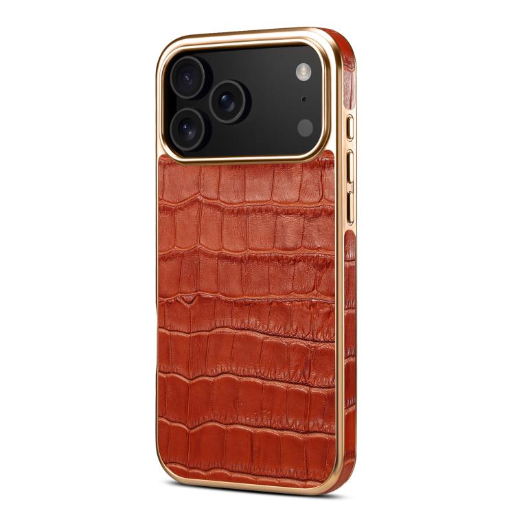 For iPhone 17 Pro Max Denior Crocodile Texture Genuine Leather Electroplating Phone Case
