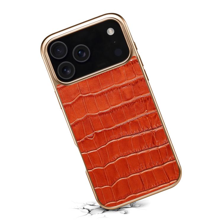 For iPhone 17 Pro Max Denior Crocodile Texture Genuine Leather Electroplating Phone Case