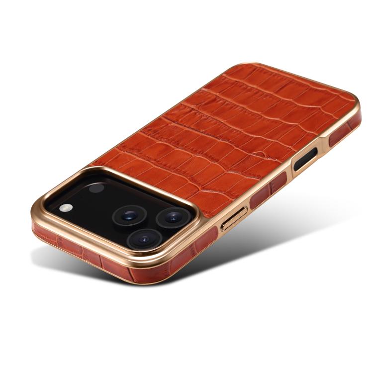For iPhone 17 Pro Max Denior Crocodile Texture Genuine Leather Electroplating Phone Case