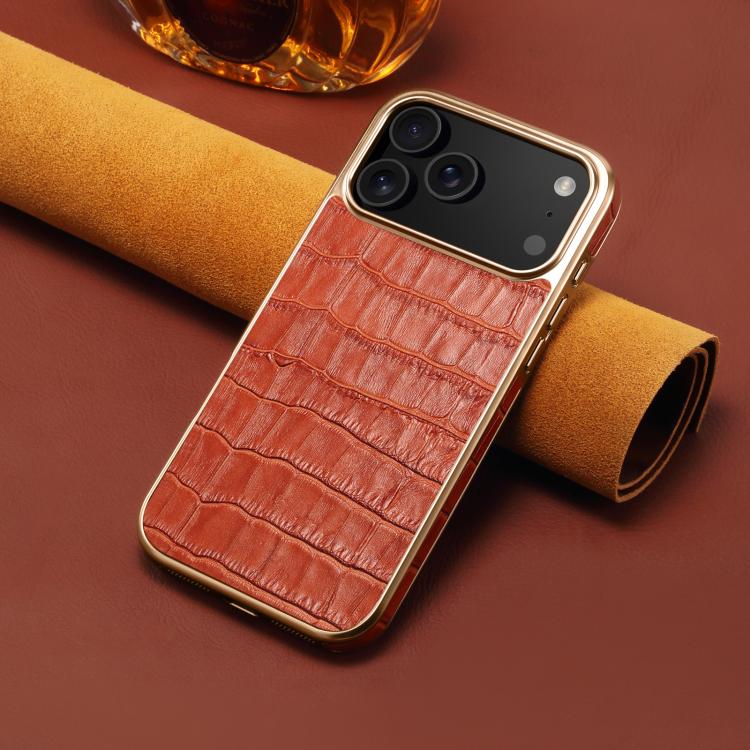 For iPhone 17 Pro Max Denior Crocodile Texture Genuine Leather Electroplating Phone Case