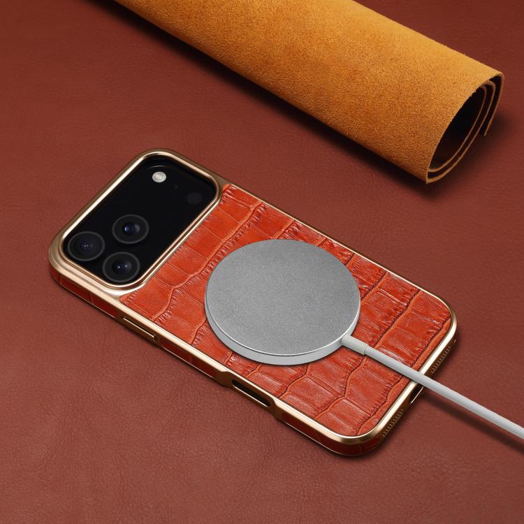 For iPhone 17 Pro Max Denior Crocodile Texture Genuine Leather Electroplating Phone Case
