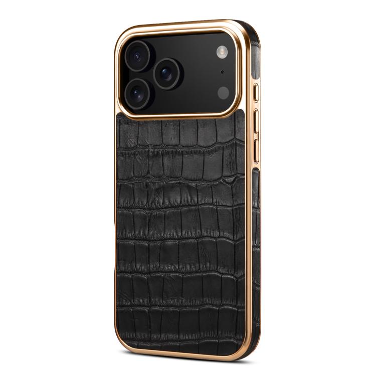 For iPhone 17 Pro Max Denior Crocodile Texture Genuine Leather Electroplating Phone Case