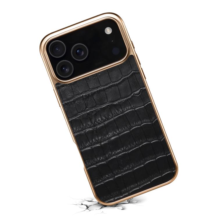 For iPhone 17 Pro Max Denior Crocodile Texture Genuine Leather Electroplating Phone Case