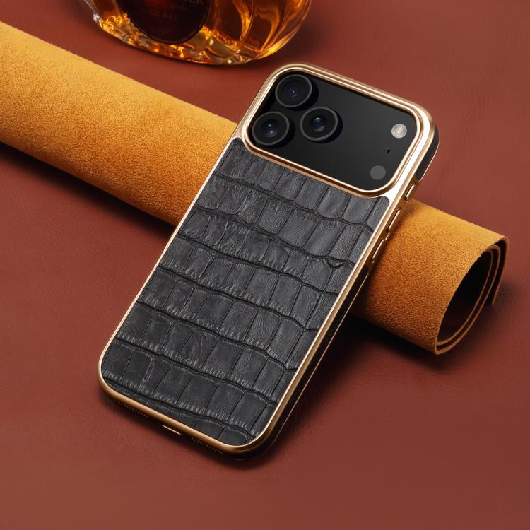 For iPhone 17 Pro Max Denior Crocodile Texture Genuine Leather Electroplating Phone Case