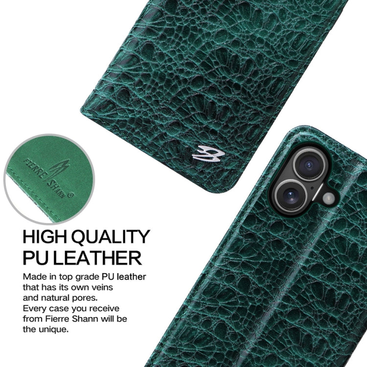 For iPhone 16 Plus Fierre Shann Crocodile Texture Magnetic Genuine Leather Phone Case