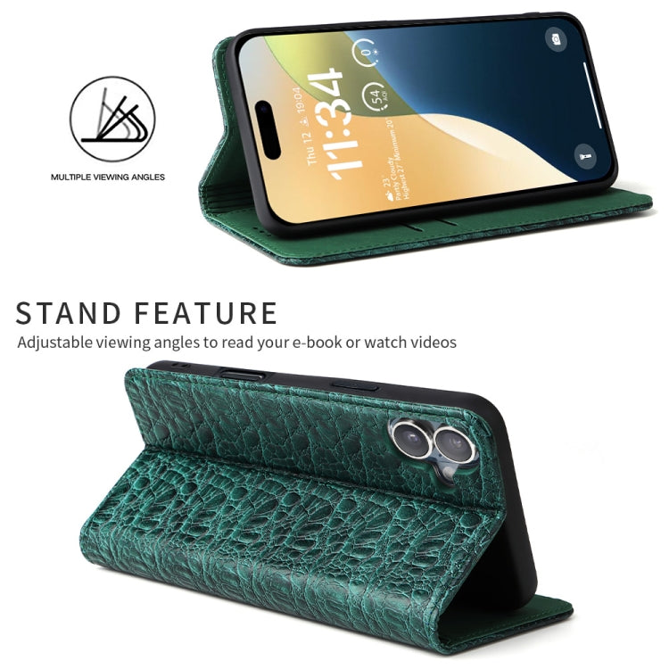 For iPhone 16 Fierre Shann Crocodile Texture Magnetic Genuine Leather Phone Case
