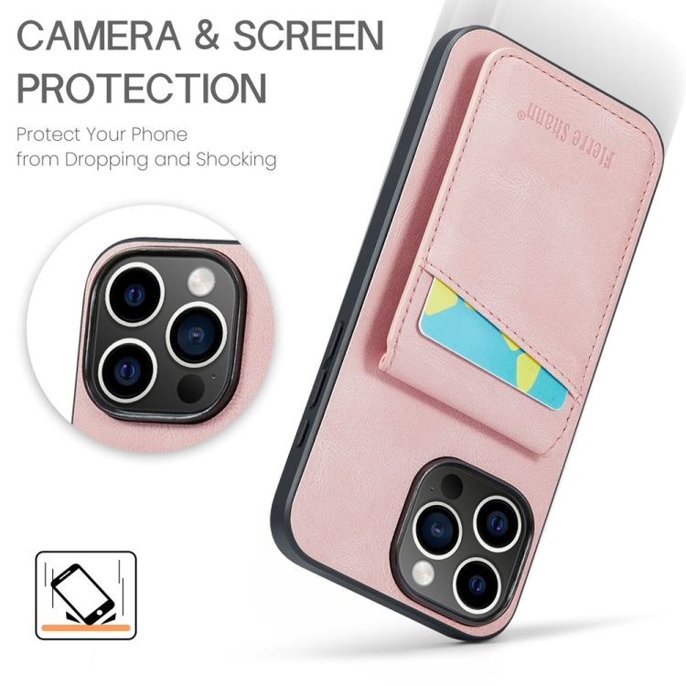 For iPhone 16 Pro Fierre Shann Crazy Horse Card Holder Back Cover PU Phone Case