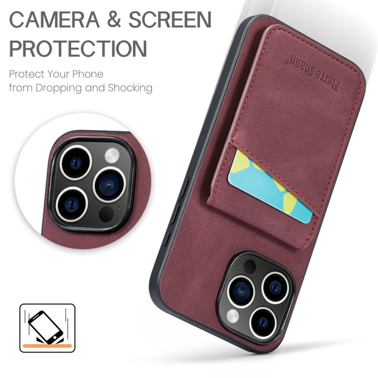 For iPhone 16 Pro Fierre Shann Crazy Horse Card Holder Back Cover PU Phone Case