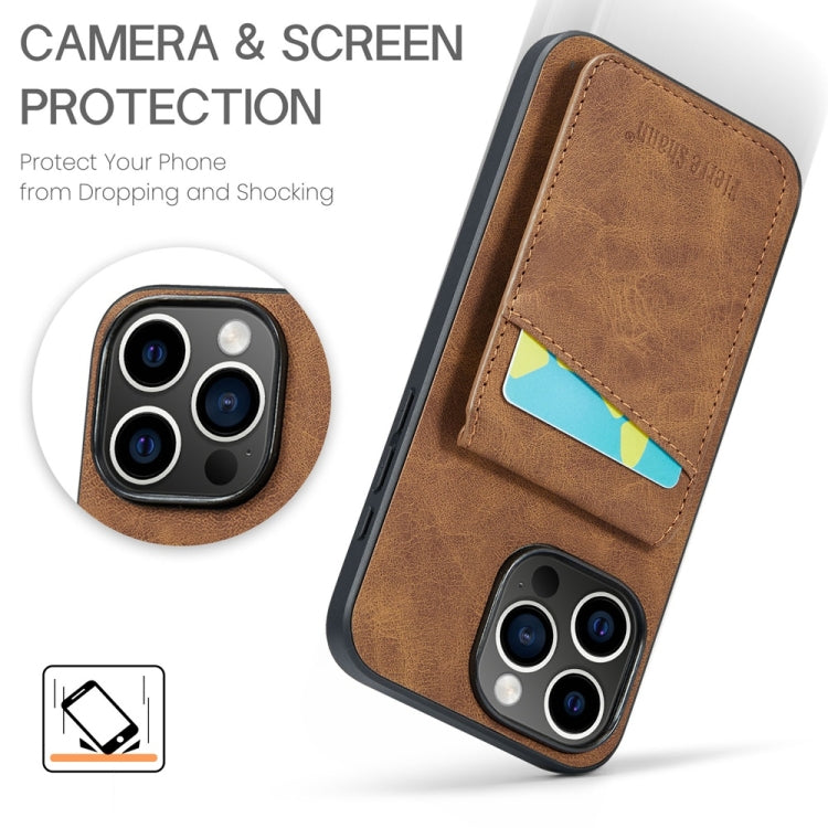 For iPhone 16 Pro Fierre Shann Crazy Horse Card Holder Back Cover PU Phone Case