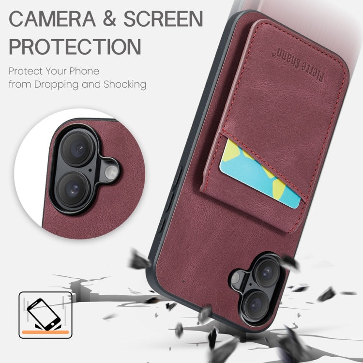 For iPhone 16 Plus Fierre Shann Crazy Horse Card Holder Back Cover PU Phone Case