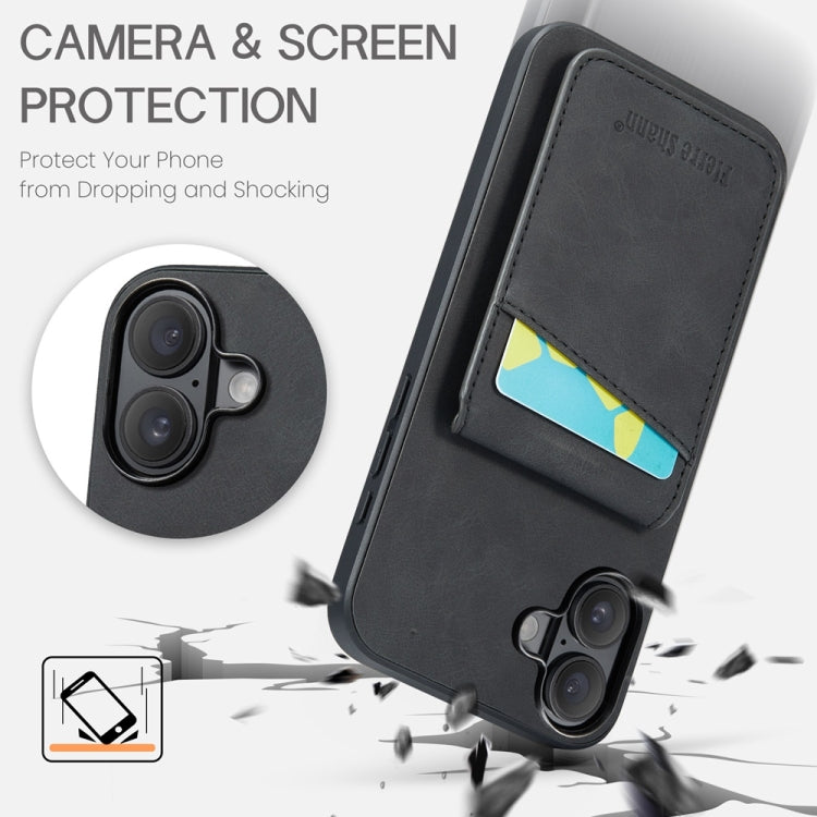 For iPhone 16 Plus Fierre Shann Crazy Horse Card Holder Back Cover PU Phone Case
