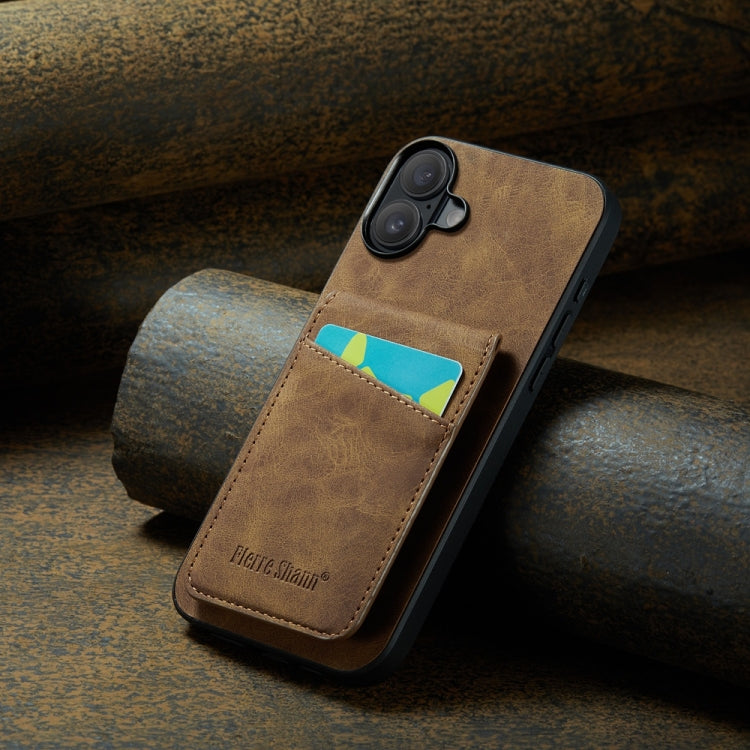 For iPhone 16 Plus Fierre Shann Crazy Horse Card Holder Back Cover PU Phone Case