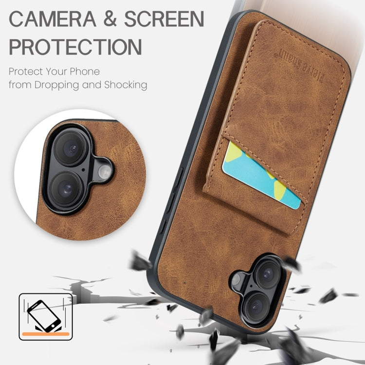 For iPhone 16 Plus Fierre Shann Crazy Horse Card Holder Back Cover PU Phone Case