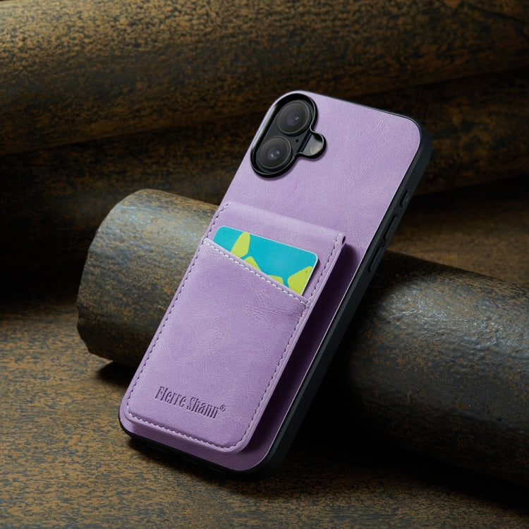 For iPhone 16 Plus Fierre Shann Crazy Horse Card Holder Back Cover PU Phone Case