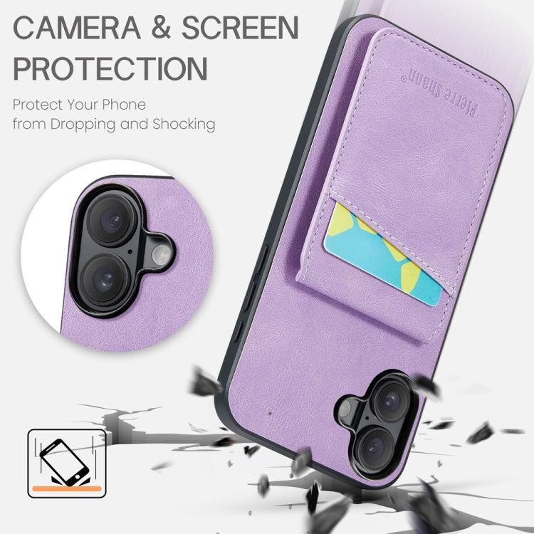 For iPhone 16 Plus Fierre Shann Crazy Horse Card Holder Back Cover PU Phone Case