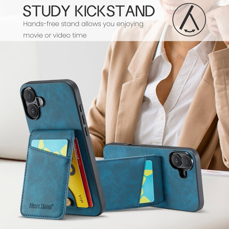 For iPhone 16 Plus Fierre Shann Crazy Horse Card Holder Back Cover PU Phone Case