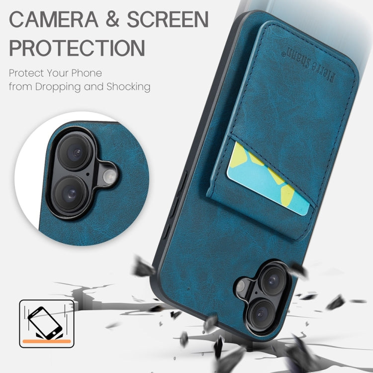 For iPhone 16 Plus Fierre Shann Crazy Horse Card Holder Back Cover PU Phone Case