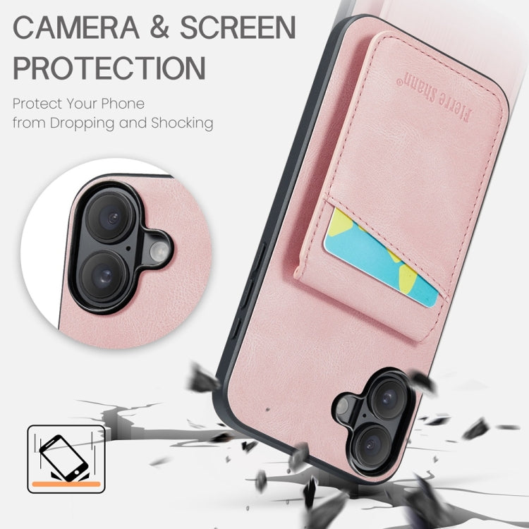 For iPhone 16 Fierre Shann Crazy Horse Card Holder Back Cover PU Phone Case