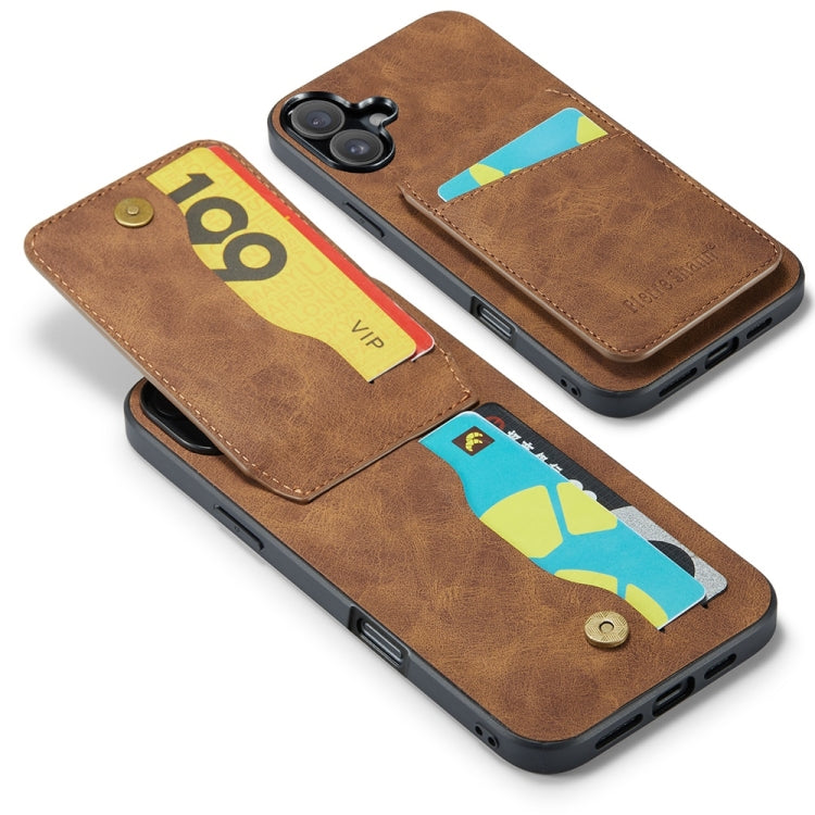 For iPhone 16 Fierre Shann Crazy Horse Card Holder Back Cover PU Phone Case