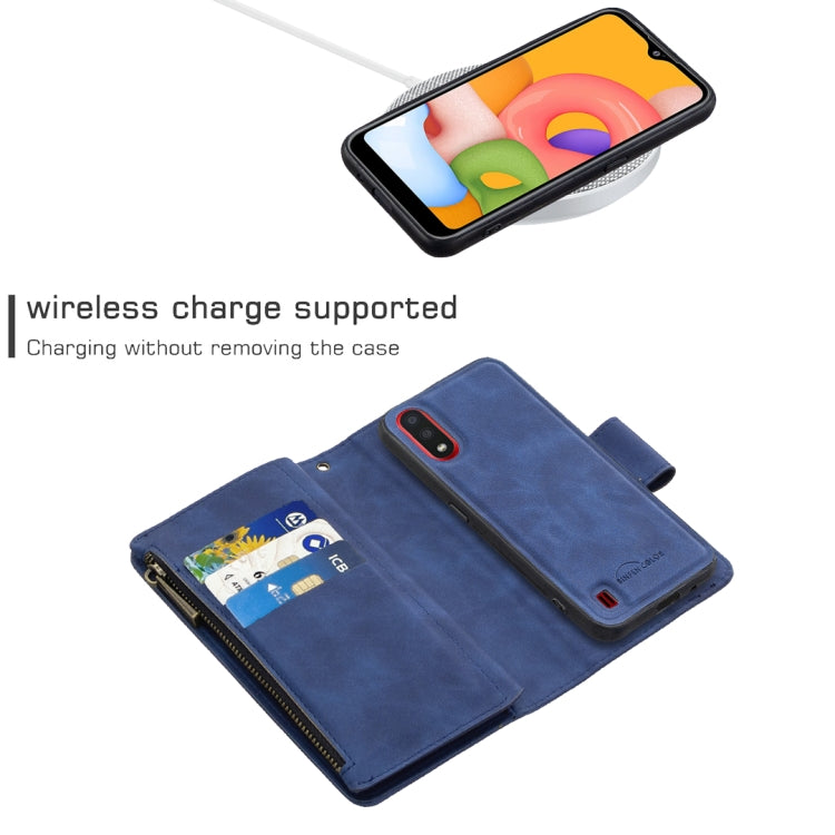 For Samsung Galaxy A01 Skin Feel Detachable Magnetic Zipper Horizontal Flip PU Leather Case with Multi-Card Slots & Holder & Wallet & Photo Frame & Lanyard