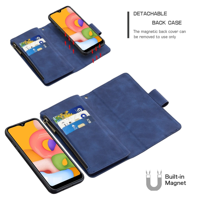 For Samsung Galaxy A01 Skin Feel Detachable Magnetic Zipper Horizontal Flip PU Leather Case with Multi-Card Slots & Holder & Wallet & Photo Frame & Lanyard