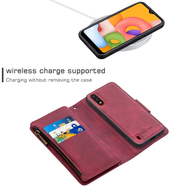 For Samsung Galaxy A01 Skin Feel Detachable Magnetic Zipper Horizontal Flip PU Leather Case with Multi-Card Slots & Holder & Wallet & Photo Frame & Lanyard