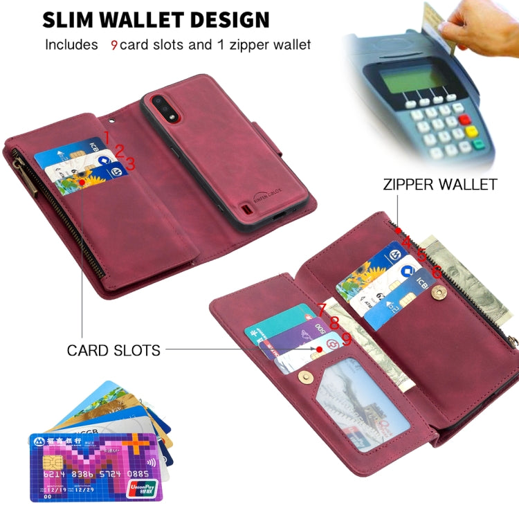 For Samsung Galaxy A01 Skin Feel Detachable Magnetic Zipper Horizontal Flip PU Leather Case with Multi-Card Slots & Holder & Wallet & Photo Frame & Lanyard