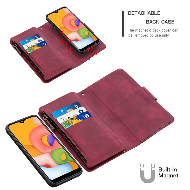 For Samsung Galaxy A01 Skin Feel Detachable Magnetic Zipper Horizontal Flip PU Leather Case with Multi-Card Slots & Holder & Wallet & Photo Frame & Lanyard